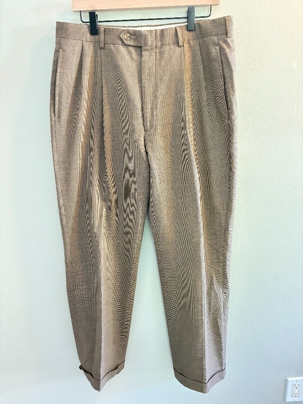 Tommy Hilfiger Brown Houndstooth Trousers 34 x 32 Vintage Pleated